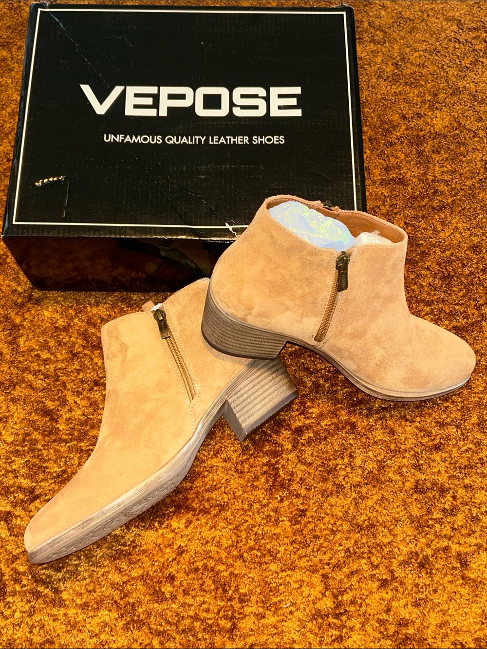 Vepose Tan Suede Ankle Booties with Stacked Heel and Side Zips
